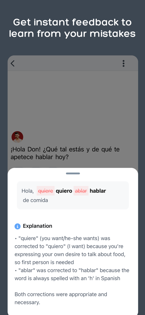 Écran de feedback IA montrant les corrections grammaticales et les explications dans l'application Langua