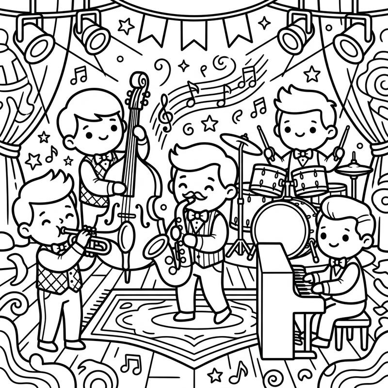Get ready to tap your toes with this super cute Kawaii Jazz Musicians coloring page! Featuring an entire band with instruments and charming expressions, it's perfect for music lovers and kawaii art fans alike.