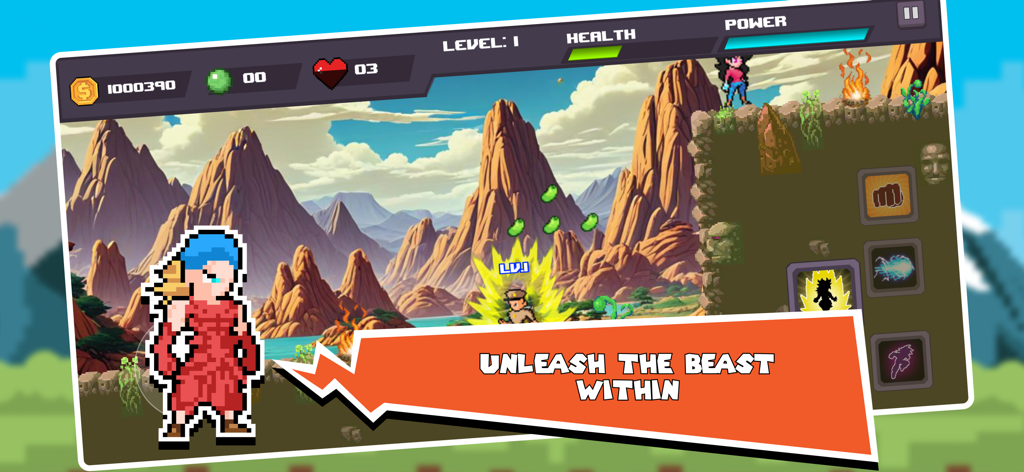 Legendary Z Warriors - Legendary Z Warriors gameplay showing a character transformation and energy attacks in a pixel art world