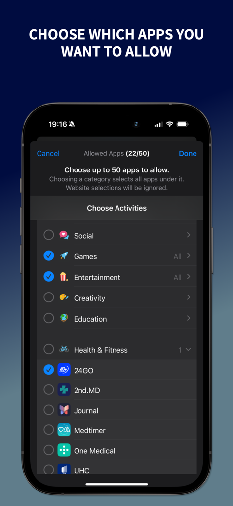 Guest Mode: Lock Apps - Interface for choosing allowed apps and categories in Guest Mode