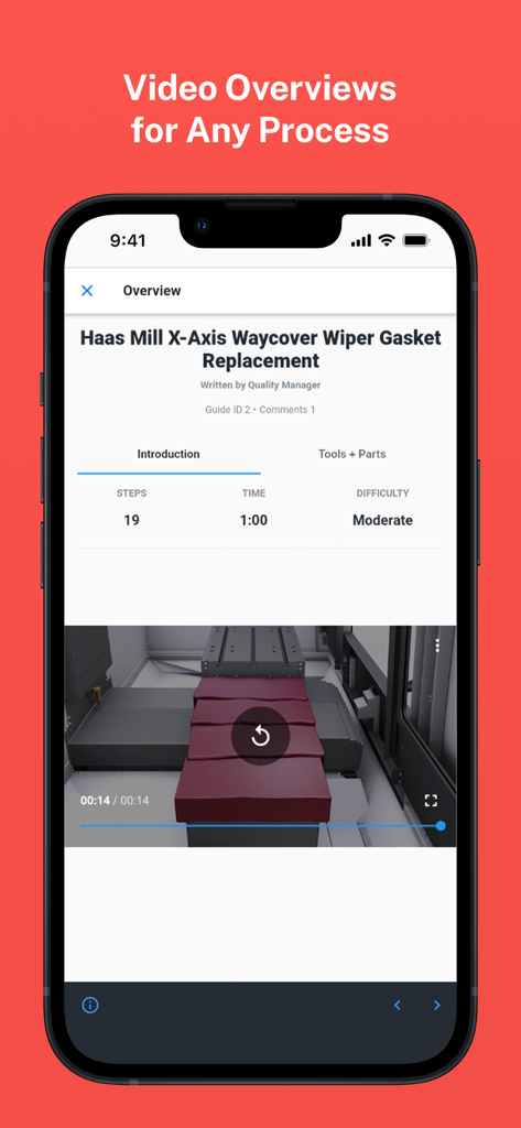 Dozuki - Mobile screen showing a Dozuki video guide for industrial maintenance