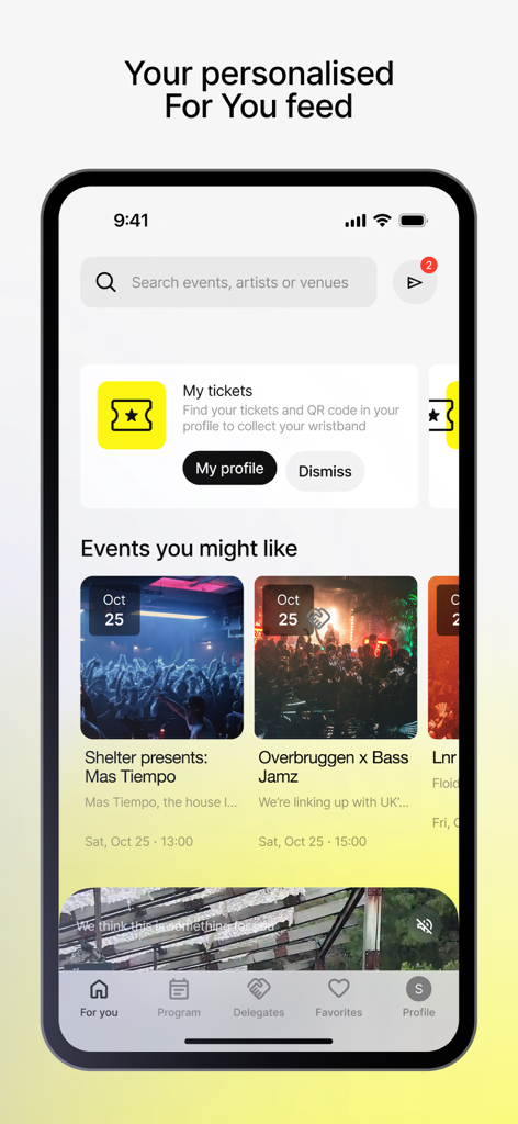 Amsterdam Dance Event App - Amsterdam Dance Event App personalized feed screen showing event recommendations and my tickets section.