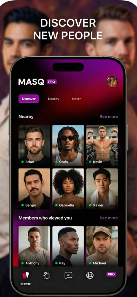 MASQ: AI Gay Dating & Chat - Discover screen of the MASQ AI gay dating app showing a list of virtual companions