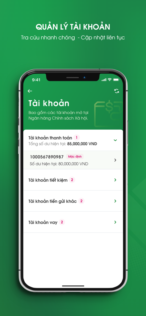 Tela de gerenciamento de contas do aplicativo VBSP SmartBanking mostrando vários saldos de contas bancárias