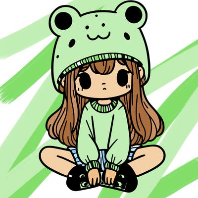 a girl wearing a frog hat and some frog socks