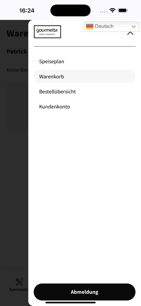 gourmetta Bestellung - Side navigation menu of the gourmetta meal ordering app with options for meal plan shopping cart and order overview