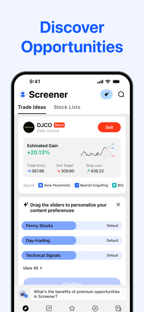 Mobile app interface showing AI-generated stock trade ideas and personalized preference sliders for penny stocks and day trading.