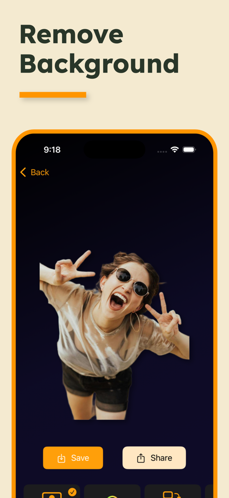 Remove Background: PNG Maker - Mobile app interface showing a portrait photo with the background removed and options to save or share.