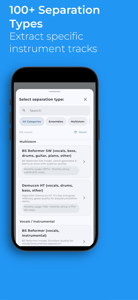 MVSEP - MVSEP app menu for selecting AI models to separate vocals and instruments