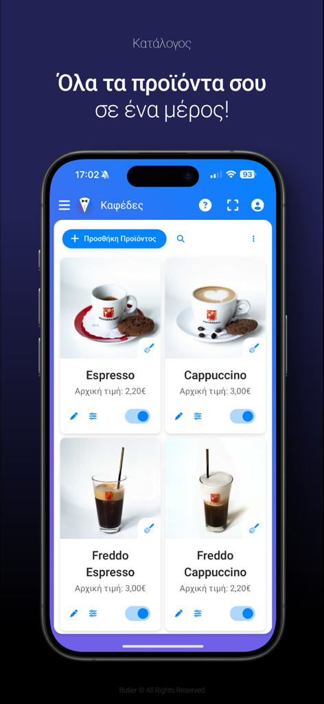 Butler Panel: POS for Business - Bildschirm zur Verwaltung des digitalen Menükatalogs in der Butler POS-App mit Kaffeeartikeln