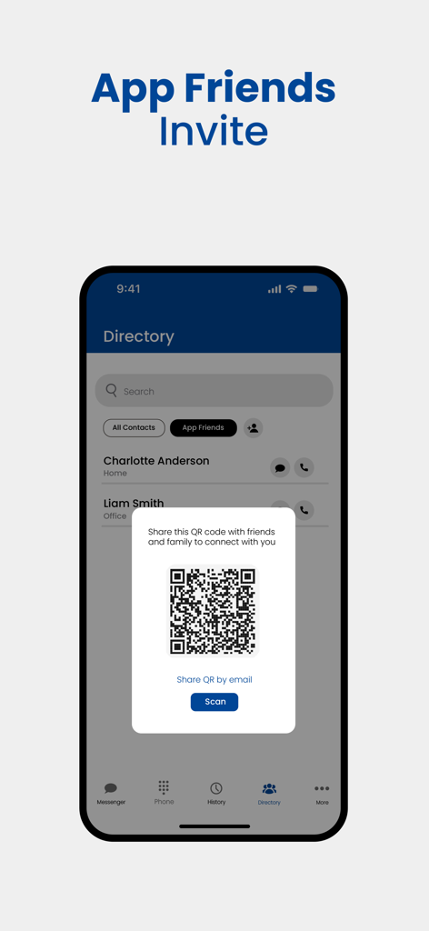NT Connect: Calls & Messages - NT Connect app screen showing a QR code to invite friends and family to connect