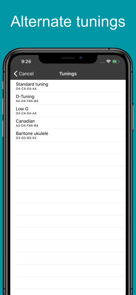Une liste d'options d'accordage alternatif dans l'application Ukulele Tuner EM-1 incluant le Sol grave et l'accordage canadien.