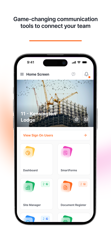 Commnia - Pantalla de inicio de la aplicación móvil Commnia que muestra el panel de control del proyecto de construcción y los módulos de gestión