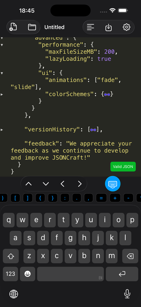 JSONCraft mobile editor interface on iPhone showing syntax highlighting and a valid JSON status badge