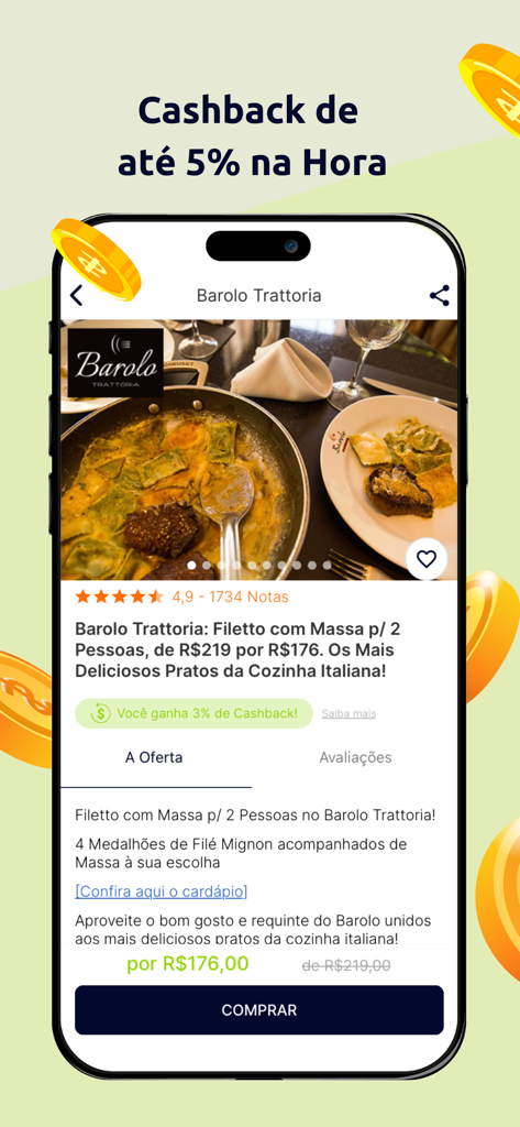 Capture d'écran de l'application Cidade Oferta montrant une offre de restaurant pour Barolo Trattoria avec cashback instantané et un bouton d'achat.