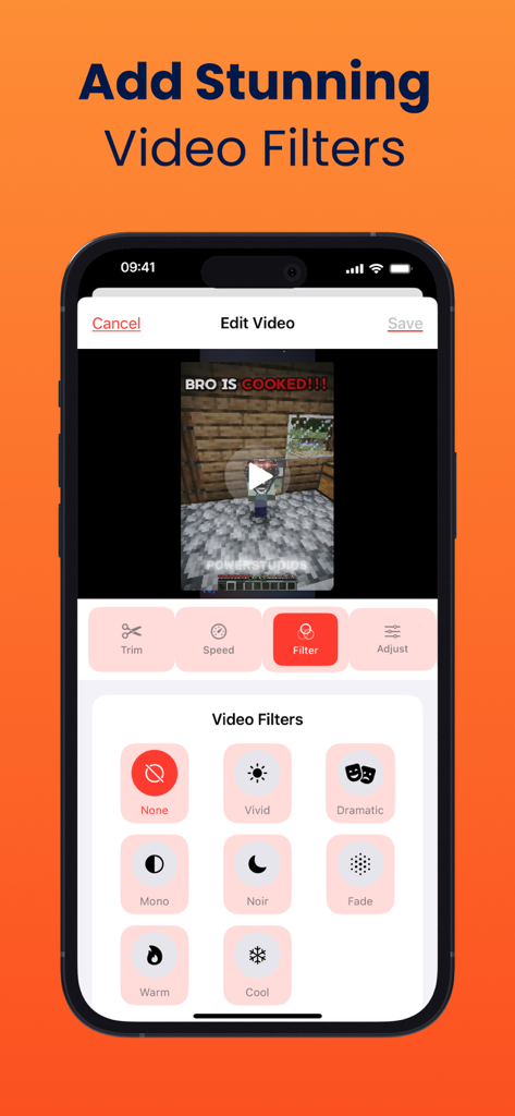 Screen Recorder: Record Video - A mobile screen showing the video editing interface of a screen recorder app with options to apply filters like Vivid, Mono, and Noir to a gameplay recording.