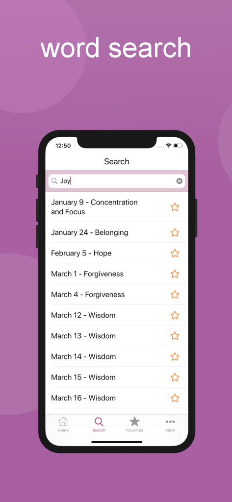 Master-mE - Interfaz de la aplicación móvil Master-mE que muestra una lista de resultados de búsqueda de virtudes espirituales y manifestaciones diarias
