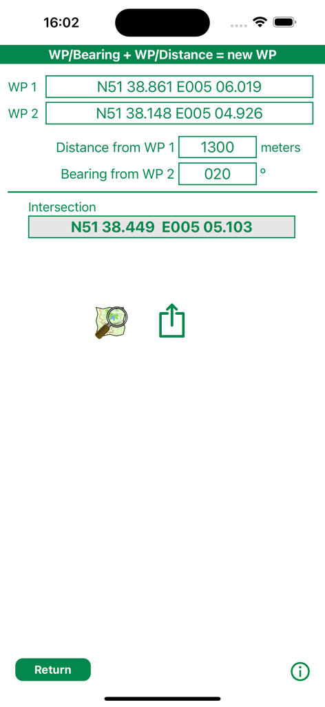 A mobile interface for the Geocaching GCTK app showing a navigation tool to calculate a new waypoint using distances and bearings from two existing coordinates.