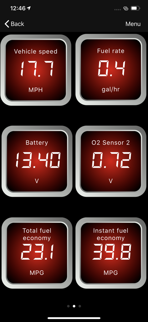 OBDLink - OBDLink app dashboard showing real-time vehicle metrics including speed fuel rate and battery voltage