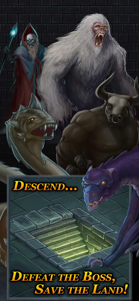 A collection of fantasy monsters including a yeti and minotaur standing above a stone staircase with text saying Descend Defeat the Boss Save the Land.