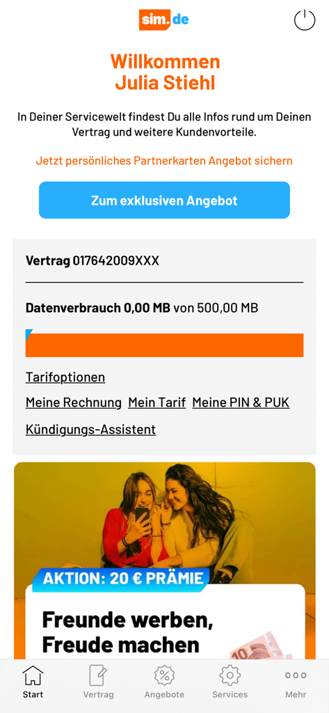 Panel de la aplicación móvil sim de Servicewelt que muestra el consumo de datos del usuario y un resumen del contrato