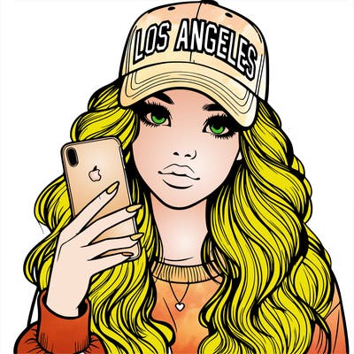 realistic beautiful girl wearing los ángeles cap holding an iphone