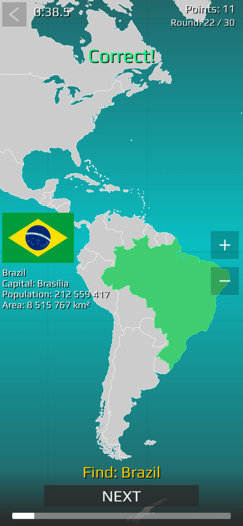 World Map Quiz (Qbis Studio) - World Map Quiz game screen showing Brazil highlighted on a map of South America with country facts and flag