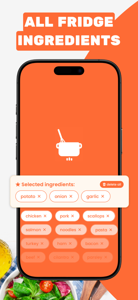 Recipe Finder mobile app interface showing a list of selectable ingredients like potato onion and garlic to find recipes