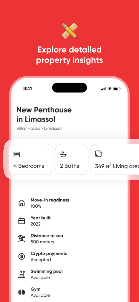 Detailed property insights screen in the DOM Real Estate app showing features for a penthouse in Limassol
