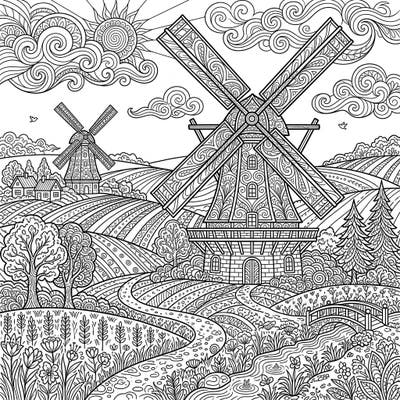 Dive into a detailed rural landscape featuring majestic windmills, perfect for adult colorists seeking intricate designs. This coloring page offers a soothing artistic escape with its finely patterned fields, charming architecture, and whimsical natural elements.