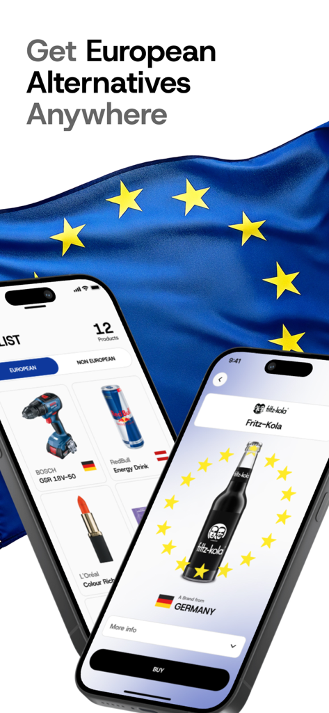 BrandSnap - Go European - BrandSnap app interface showing European brand verification and alternatives on iPhone screens