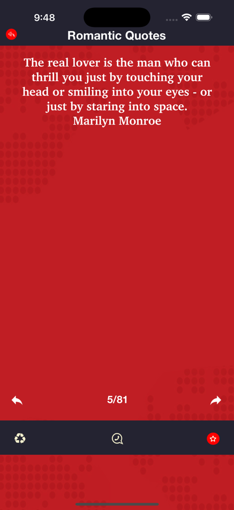 Love Status - Romantic Quotes - A romantic quote by Marilyn Monroe on a red background within the Love Status mobile app.