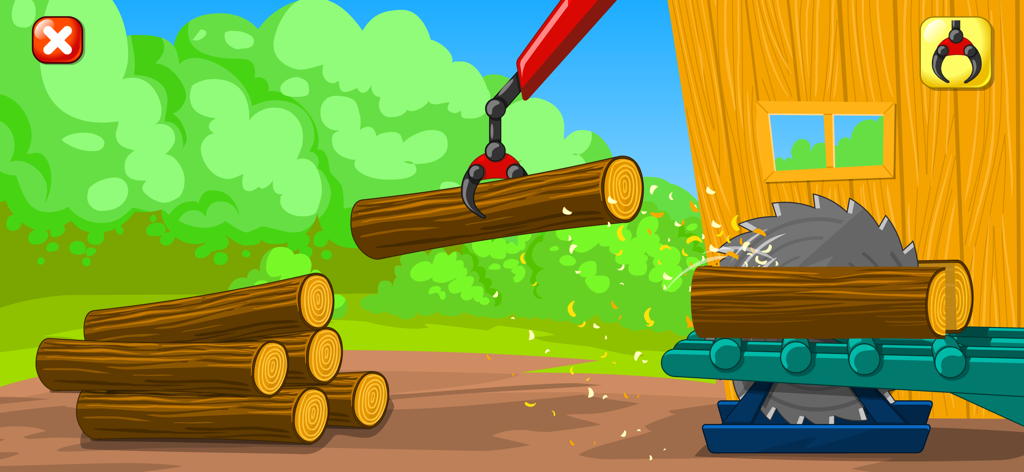 Builder Game - Craft & Paint - 製材所ミニゲームで、丸のこぎりの上で丸太を持ち上げるクレーンのアーム。