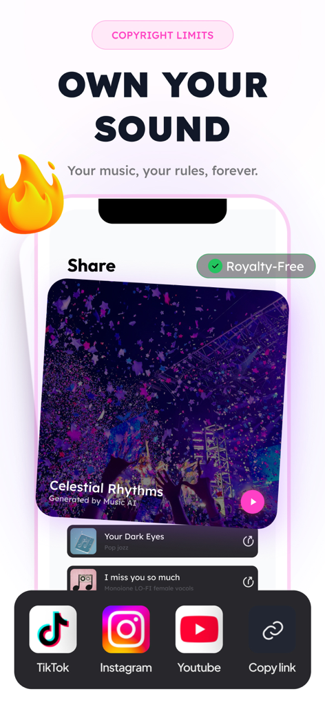 Music Maker AI Songs: InsMelo - Interfaz de la aplicación InsMelo mostrando la generación de música IA libre de regalías con opciones para compartir en TikTok, Instagram y YouTube