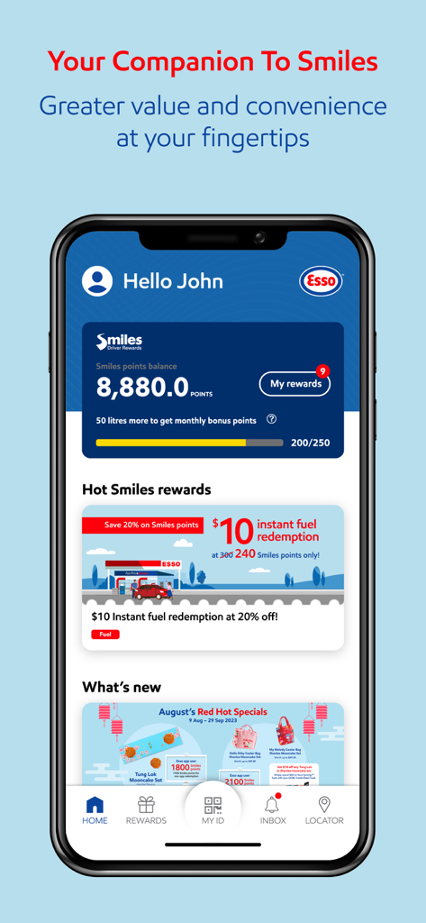 Esso Singapore - Esso Smiles rewards app dashboard showing user loyalty points and fuel redemption offers