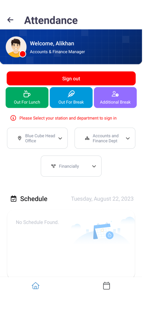 WebHR Kiosk - WebHR Kiosk attendance screen showing sign out and break options for an employee