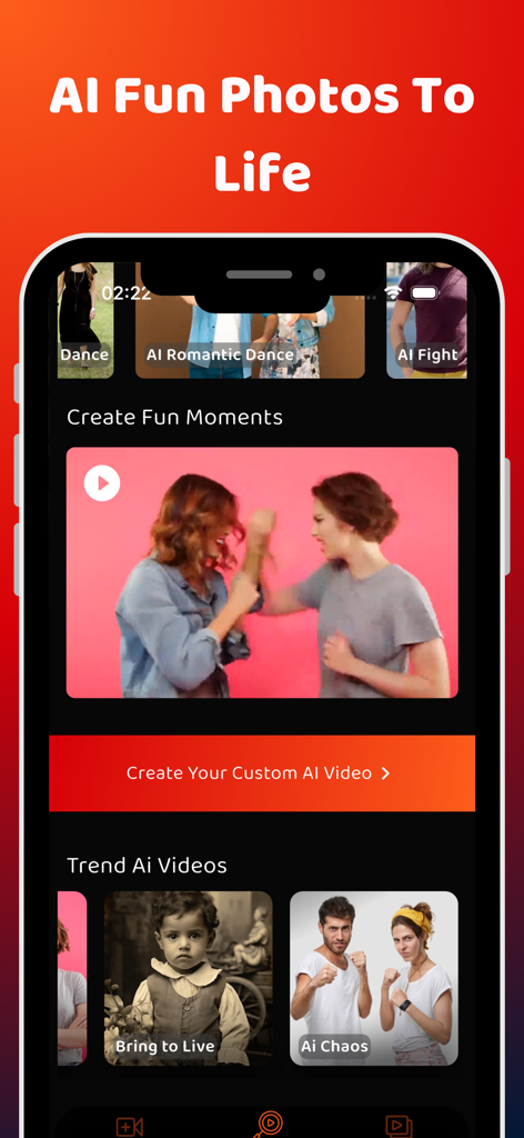 Salsy: AI Fight Video Creator - Salsy app interface showing options for creating AI fight and dance videos from photos