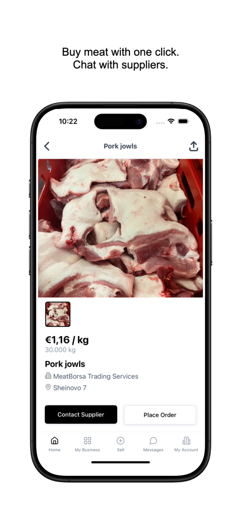 MeatBorsa - B2B Marketplace - MeatBorsa app showing a wholesale pork jowls product listing with price and ordering options