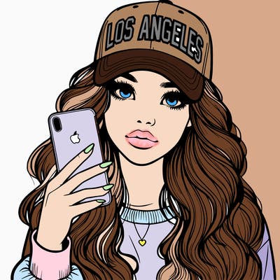 realistic beautiful girl wearing los ángeles cap holding an iphone