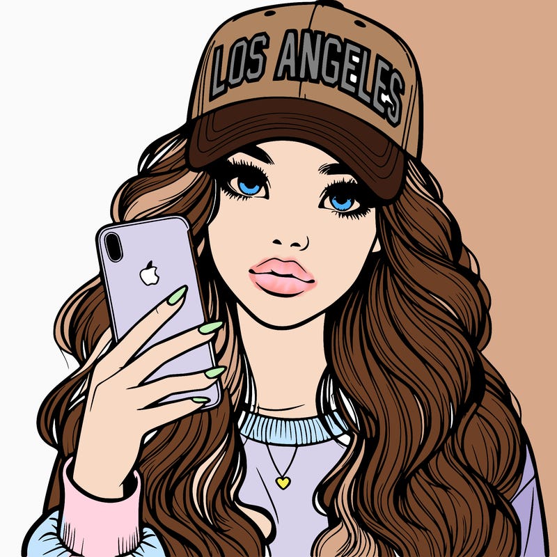 realistic beautiful girl wearing los ángeles cap holding an iphone