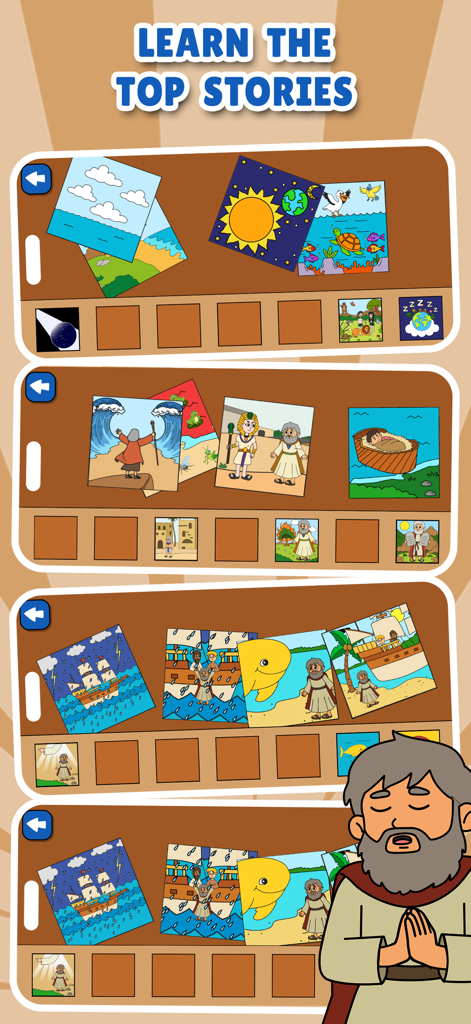 Biblical Games and Activities - Biblical Games and Activities app interface showing illustrated Bible stories for kids education