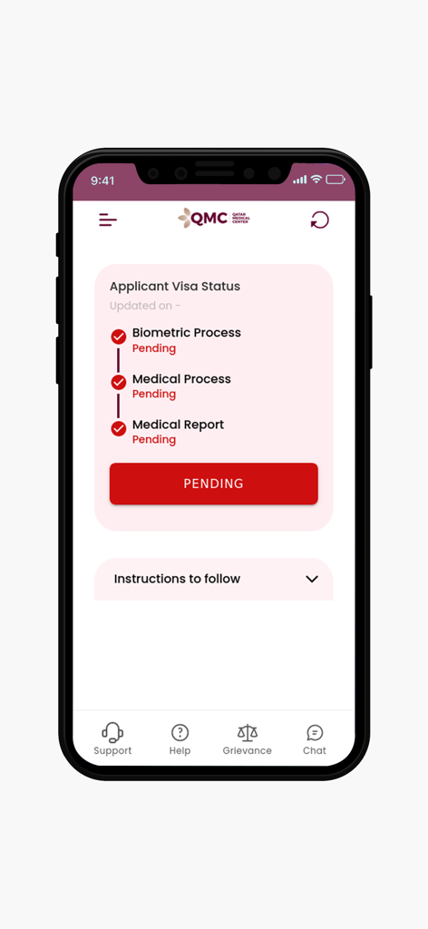 QMC App - Smartphone screen of the QMC App displaying pending status for Qatar visa biometric and medical processes