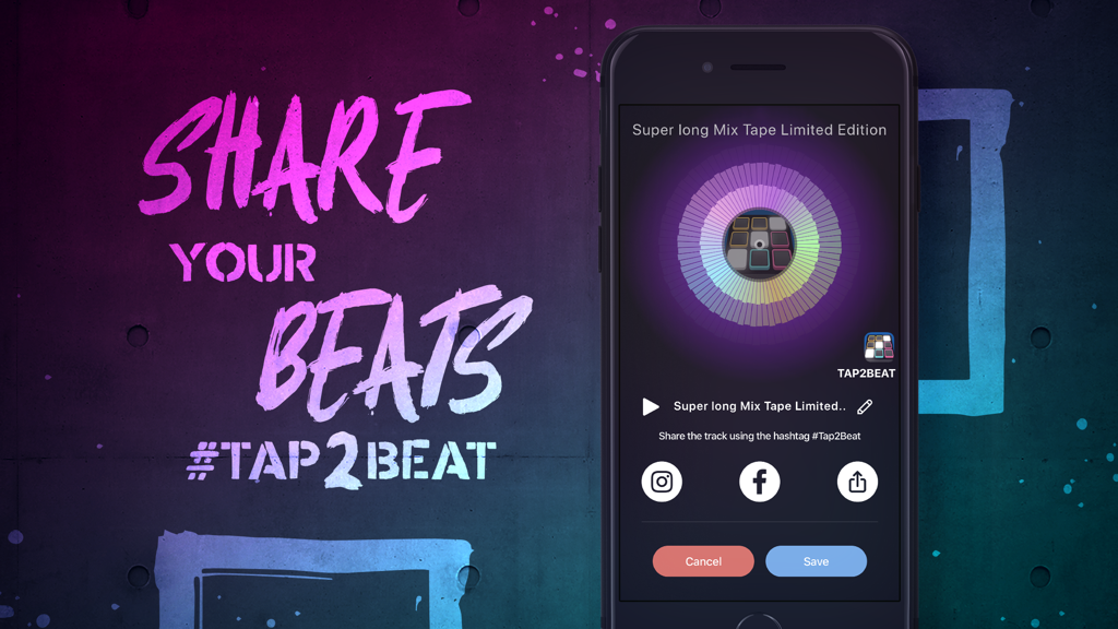 Tap2Beat - Drum Pad Machine - Tap2Beat app screenshot showing options to share recorded music beats on social media platforms
