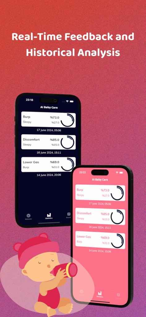 Historical analysis and real-time feedback of baby cries in the app statistics screen