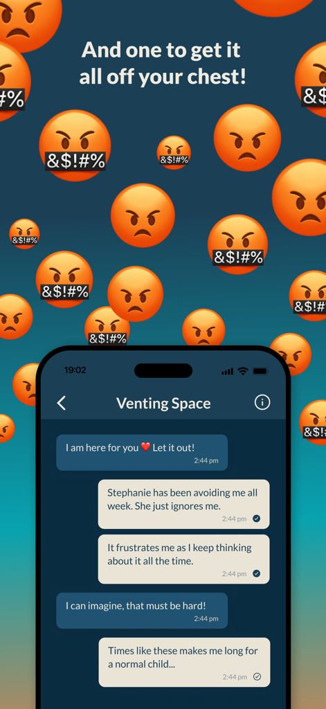 PDA Pro for Demand Avoidance - Capture d'écran de l'interface de chat de l'espace d'expression PDA Pro offrant un soutien émotionnel à un parent.