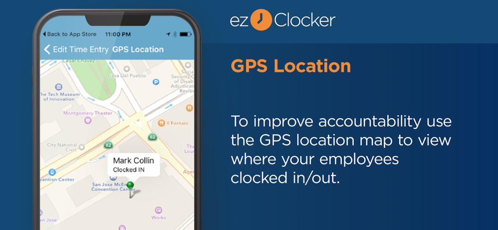 ezClocker: Employee Time Track - ezClocker app interface showing a GPS map with an employee clock in location pin for business accountability