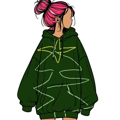 realistic girl with a oversized sweatshirt on and a bun