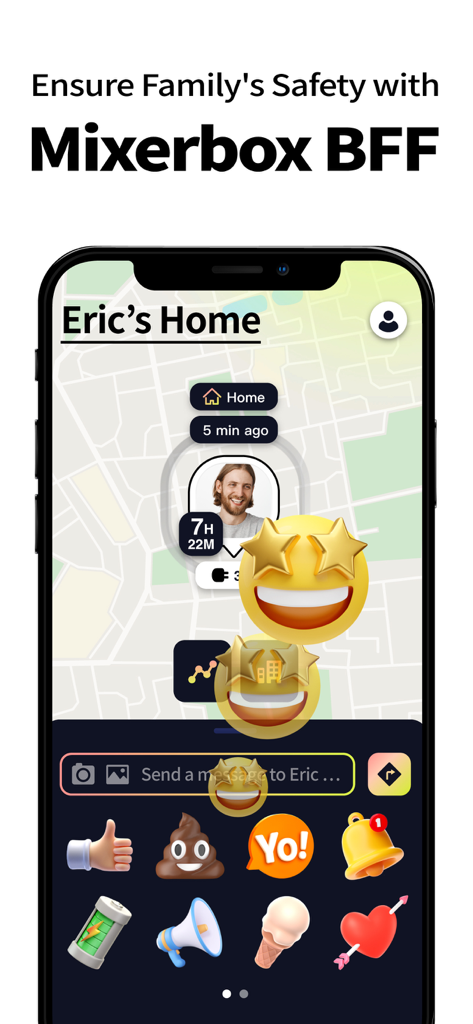 MixerBox BFF app interface showing a friend's location on a social map with a variety of interactive emojis.
