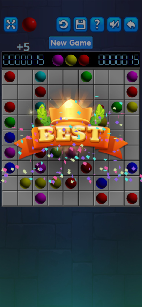 Line 98 - Lines 98 -Color Line - Line 98 puzzle game achievement screen with a best score banner and confetti