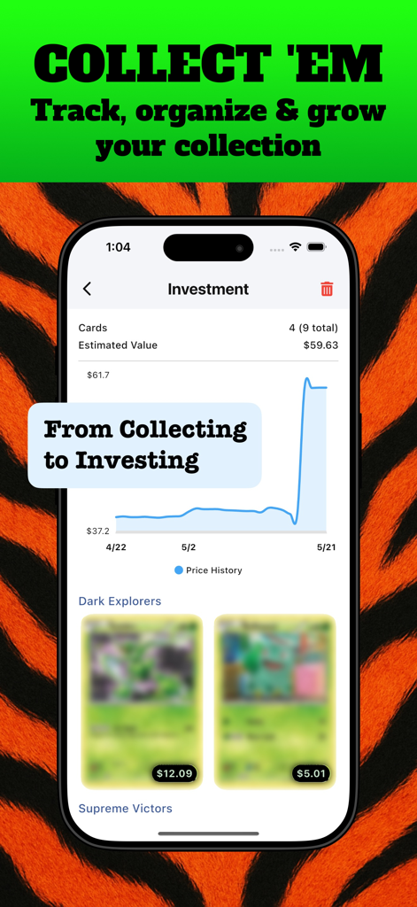 Écran de portefeuille d'investissement de collection de cartes Pokémon avec graphique de l'historique des prix